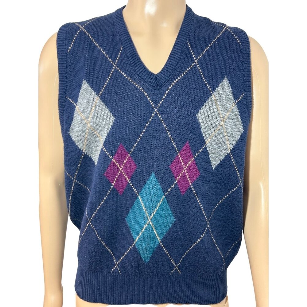 Isle Of Cotton Men’s Vintage Vest L Navy Multi Diamond Pattern Retro Golf Rugby